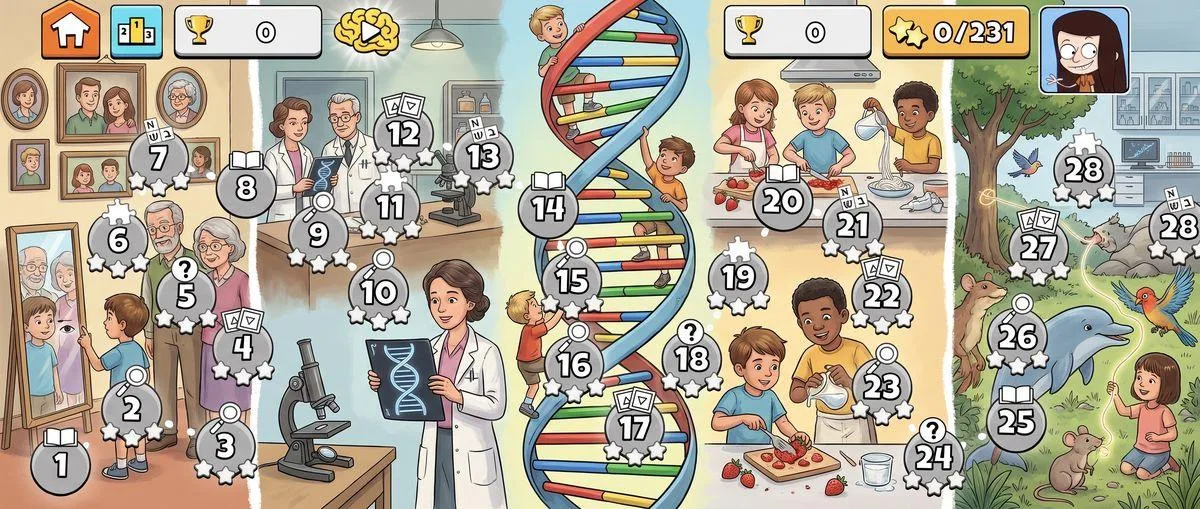 מפת שלבים של NickChallenge בנושא יום ה-DNA: סליל DNA, מעבדה ומיקרוסקופ
